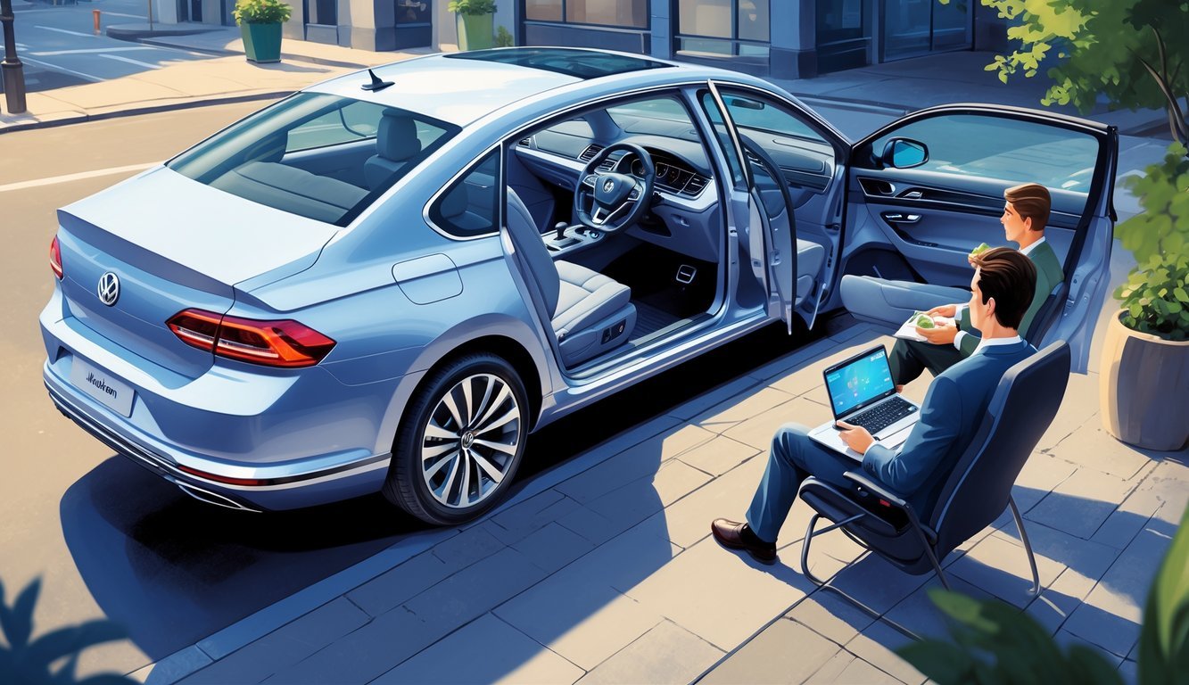 Volkswagen Passat s otvorenim vratima u urbanom okruženju, prikazujući prostran i udoban interijer s ljudima koji koriste automobil.