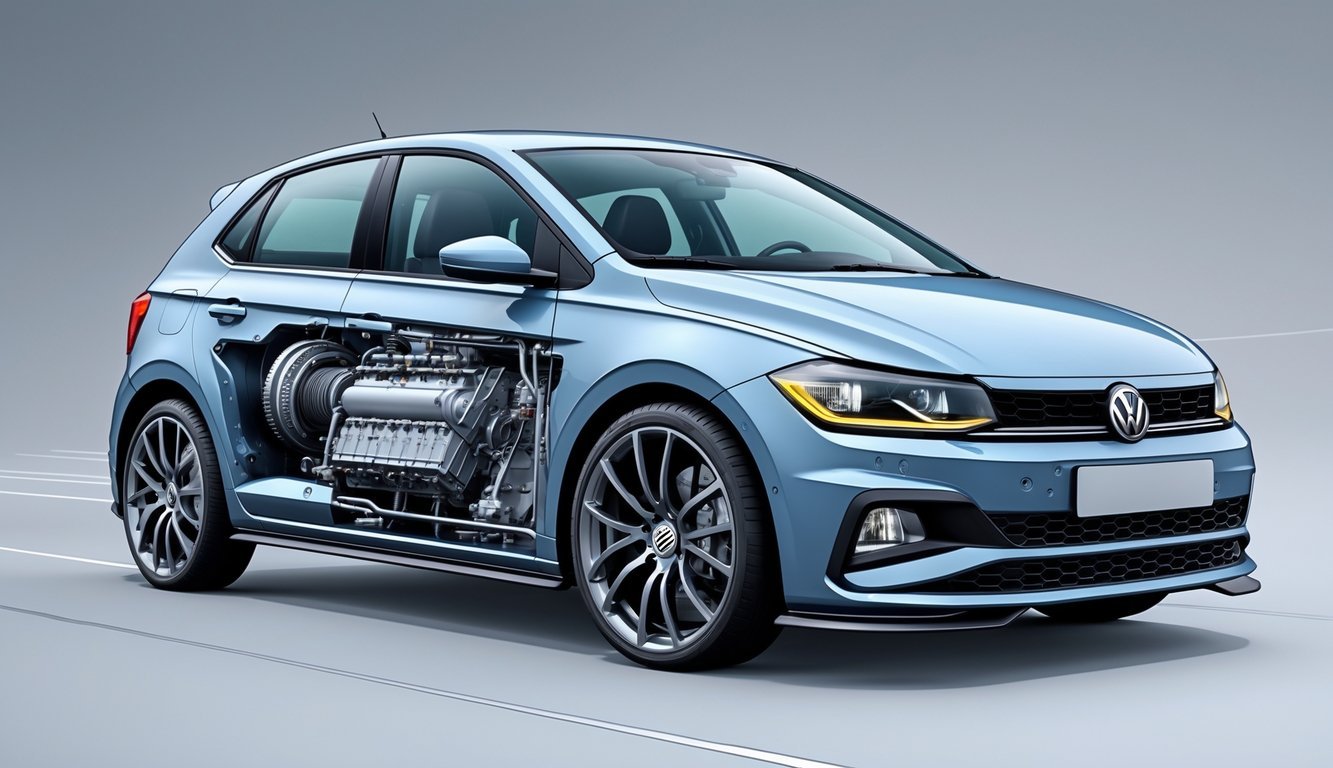 Prikaz Volkswagen Pola s vidljivim motorom i mjenjačem u unutrašnjosti automobila.