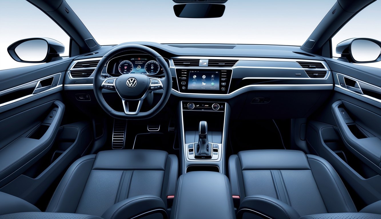 Unutrašnjost Volkswagen Passata s prikazom upravljačke ploče, kožnih sjedala i infotainment sustava.