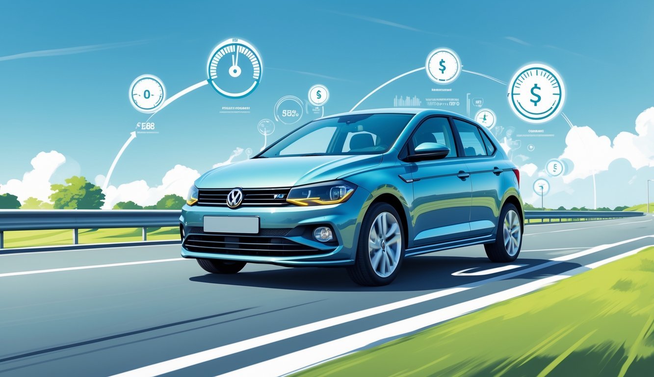 Volkswagen Polo na cesti s prikazom potrošnje goriva i troškova vožnje.