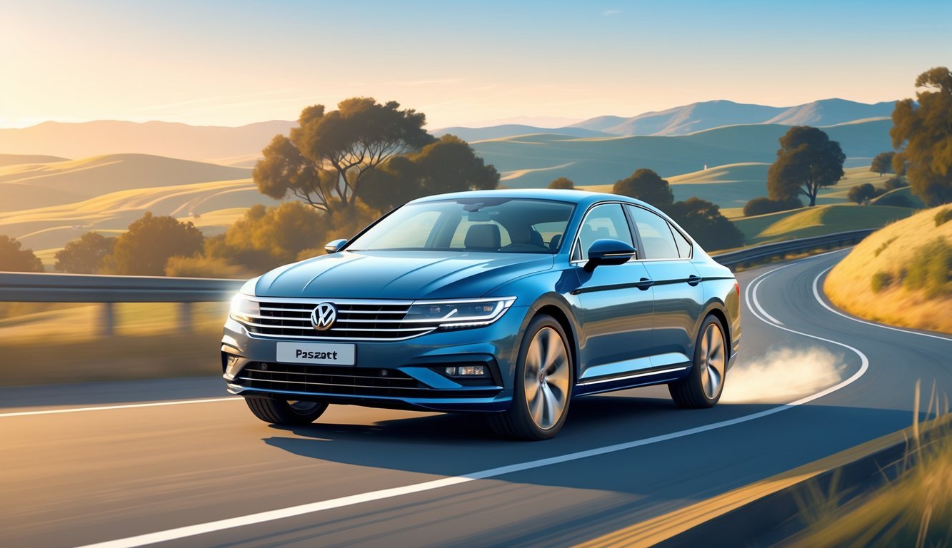 Volkswagen Passat vozi cestom okruženom prirodom s brdima i drvećem u pozadini.