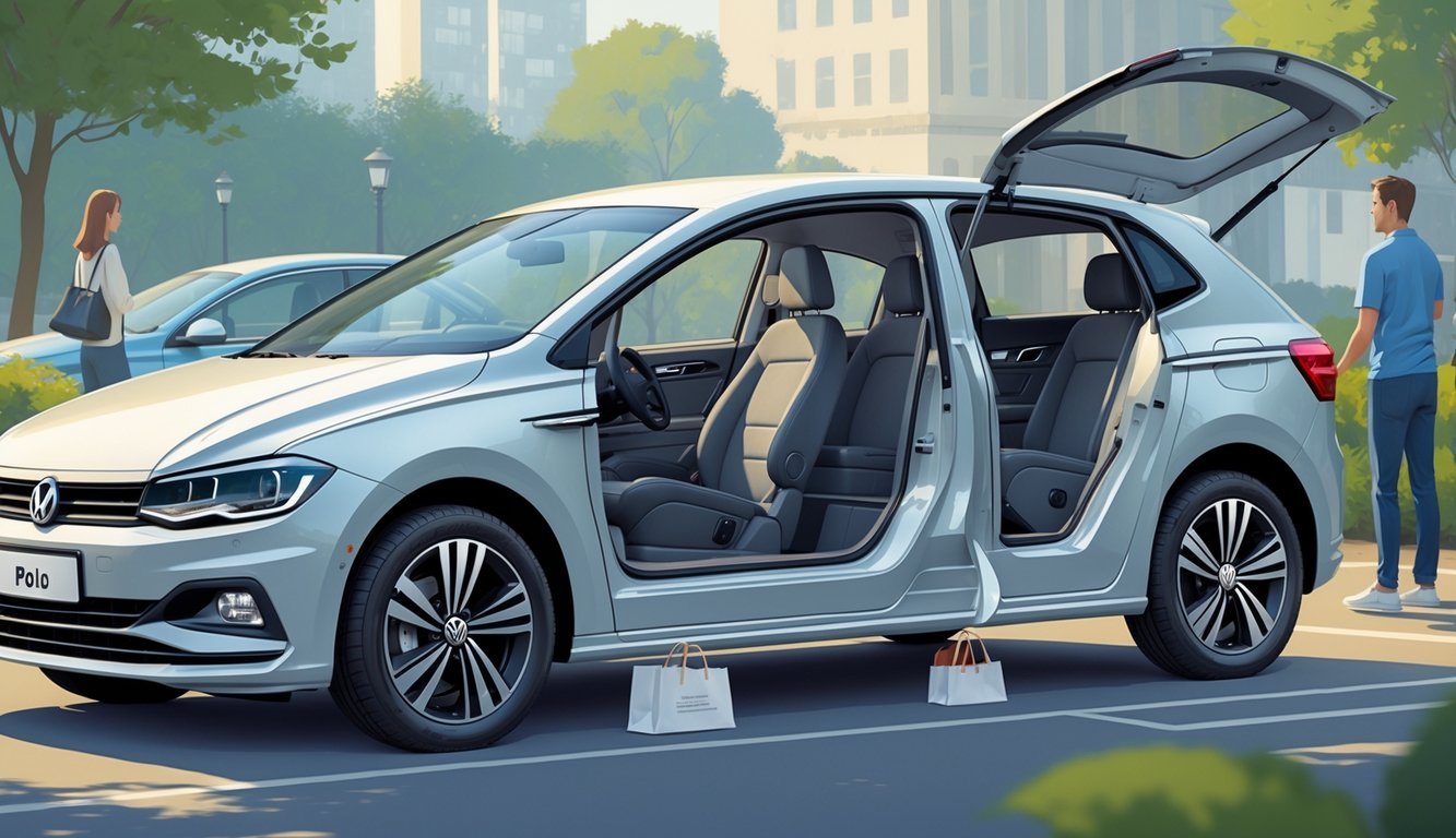 Volkswagen Polo s otvorenim vratima prikazuje udoban i prostran unutarnji prostor s obitelji koja prilazi automobilu u gradskom okruženju.