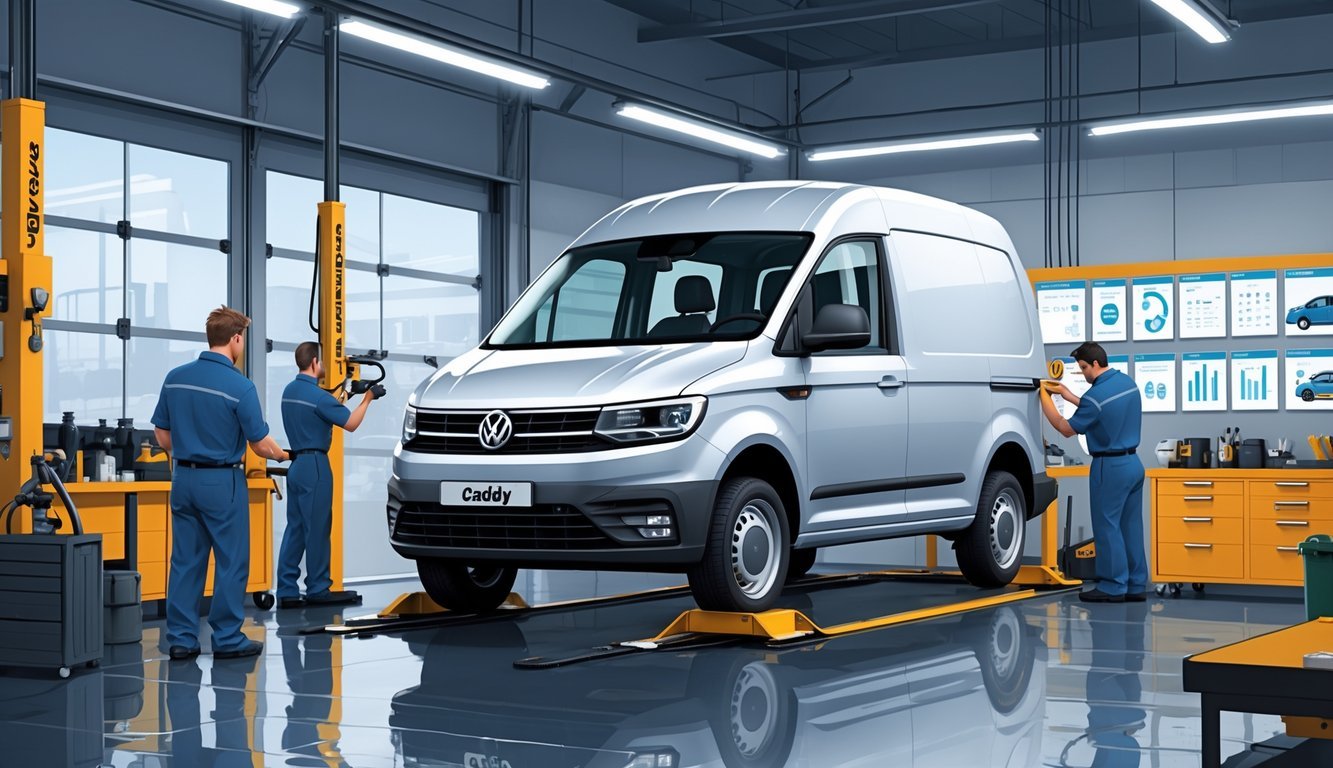 Volkswagen Caddy u radionici s mehaničarima koji pregledavaju i popravljaju vozilo, okruženo alatima i dijelovima.