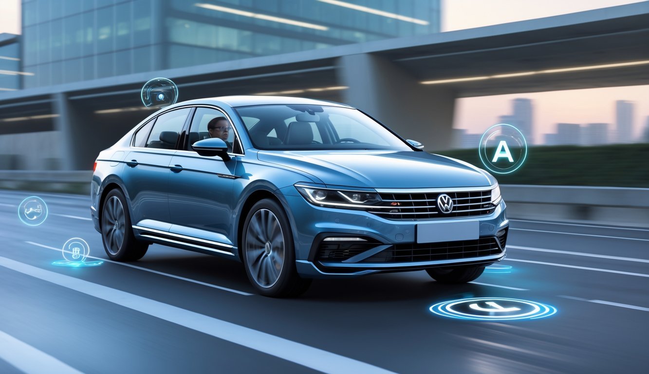 Volkswagen Passat na cesti s prikazom sigurnosnih i pomoćnih sustava vozaču.