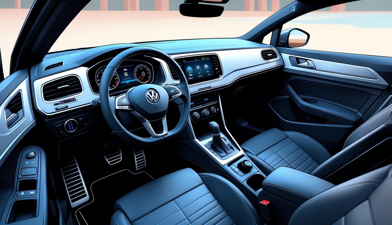 Unutrašnjost Volkswagen Pola s prikazom upravljačke ploče, sjedala i infotainment sustava.