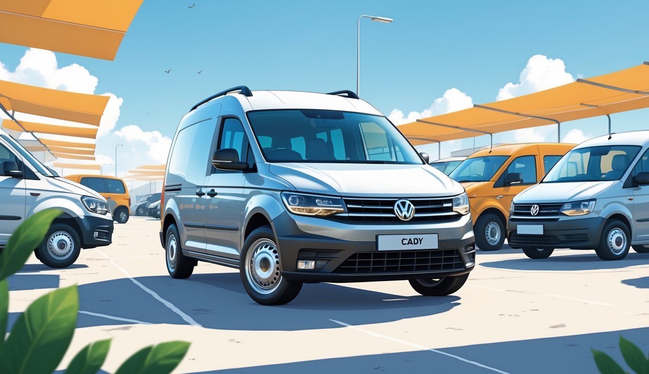 Volkswagen Caddy parkiran među drugim vozilima na tržištu rabljenih automobila, s prikazom opreme i elemenata vezanih uz cijene.