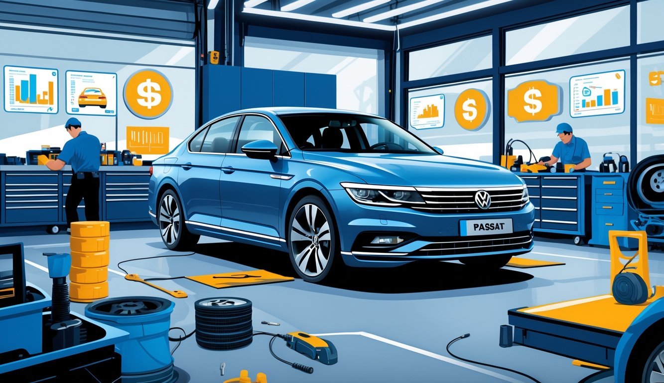 Volkswagen Passat parkiran u servisnom centru s mehaničarima i dijagramima koji prikazuju pouzdanost, tipične kvarove i cijene servisa.
