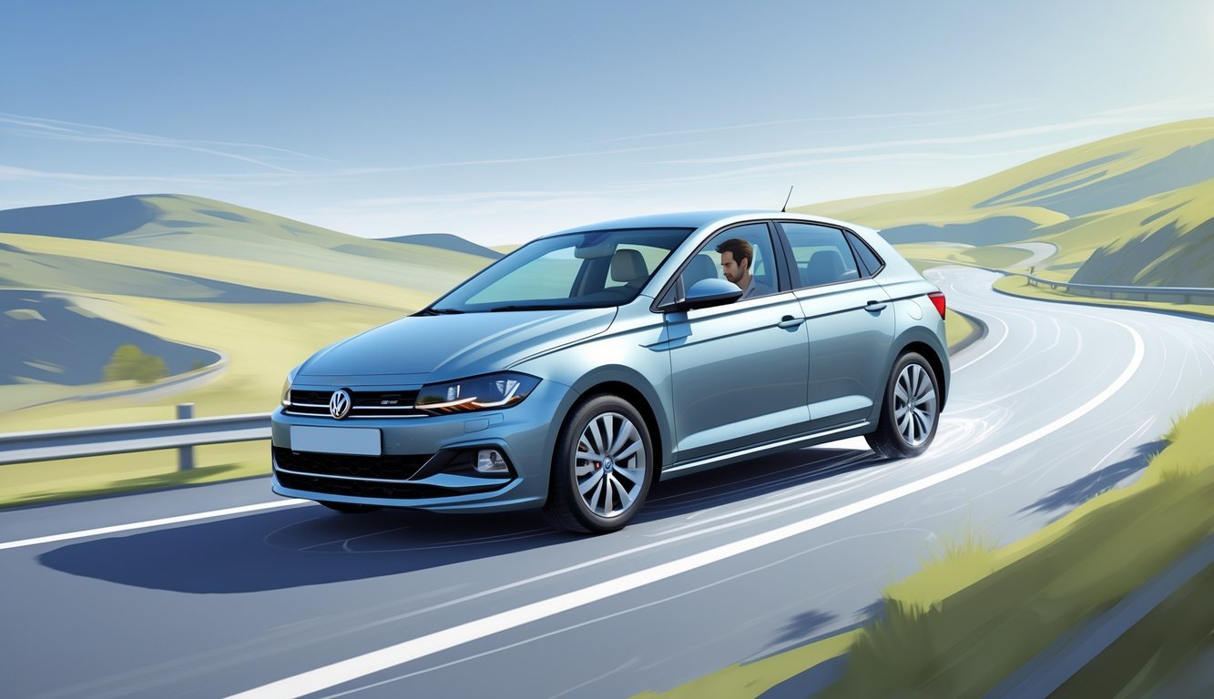 Volkswagen Polo na vijugavoj cesti s prikazom ovjesa i vozačem koji uživa u vožnji.