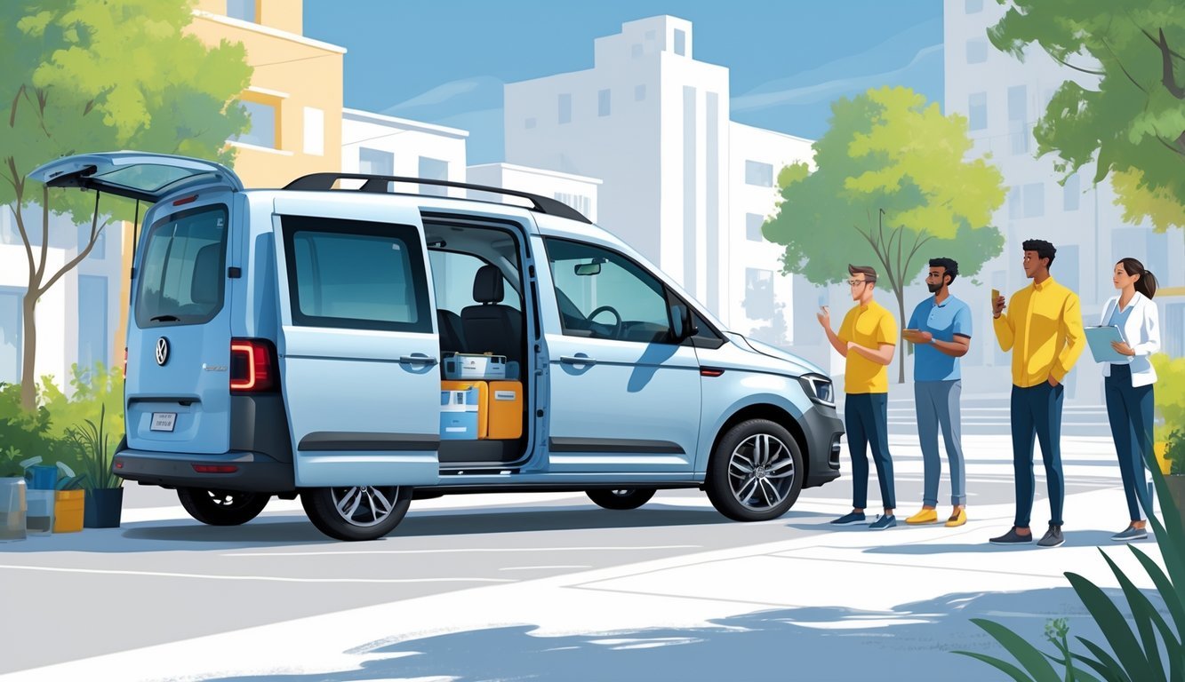 Volkswagen Caddy parkiran u gradskom okruženju s nekoliko ljudi oko njega koji pregledavaju vozilo i razgovaraju.