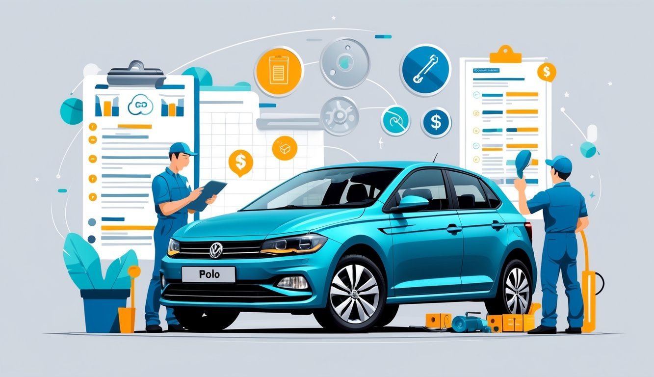 Volkswagen Polo s mehaničarom koji pregledava automobil i simbolima koji prikazuju tipične kvarove i troškove servisa.