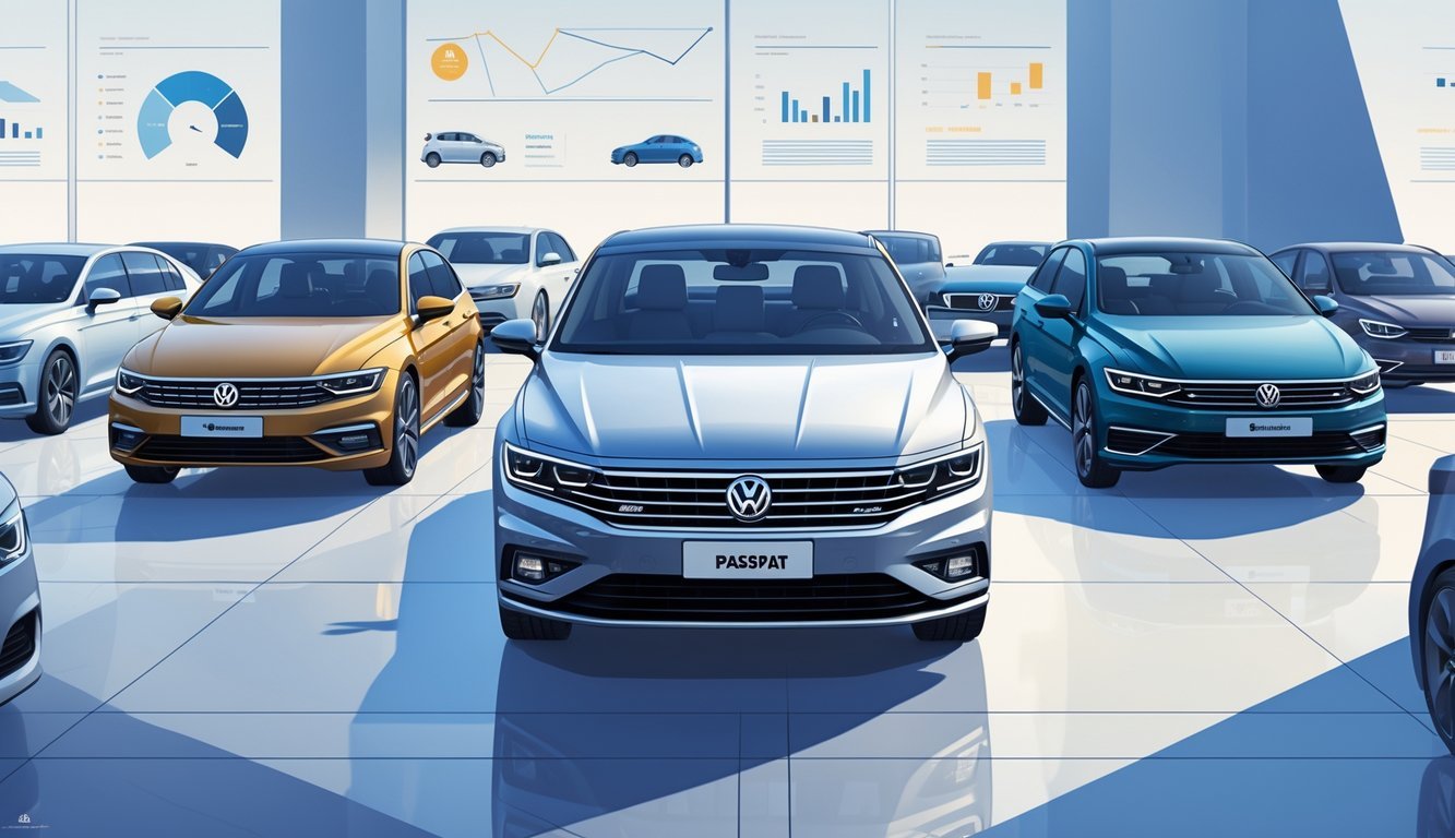 Prikaz nekoliko automobila srednje veličine, uključujući Volkswagen Passat, postavljenih jedan pored drugog za usporedbu.
