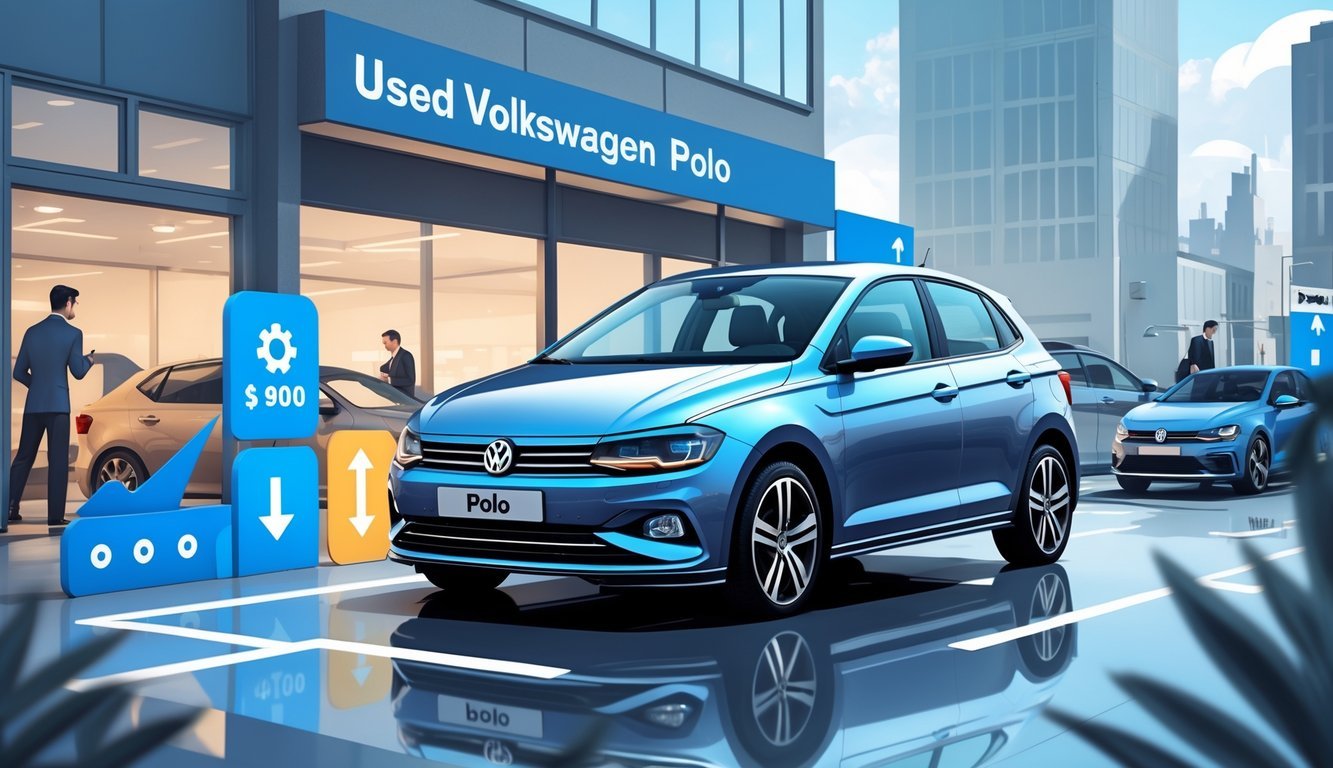 Volkswagen Polo parkiran u gradskom okruženju s elementima koji prikazuju cijene, opremu i tržište rabljenih automobila.