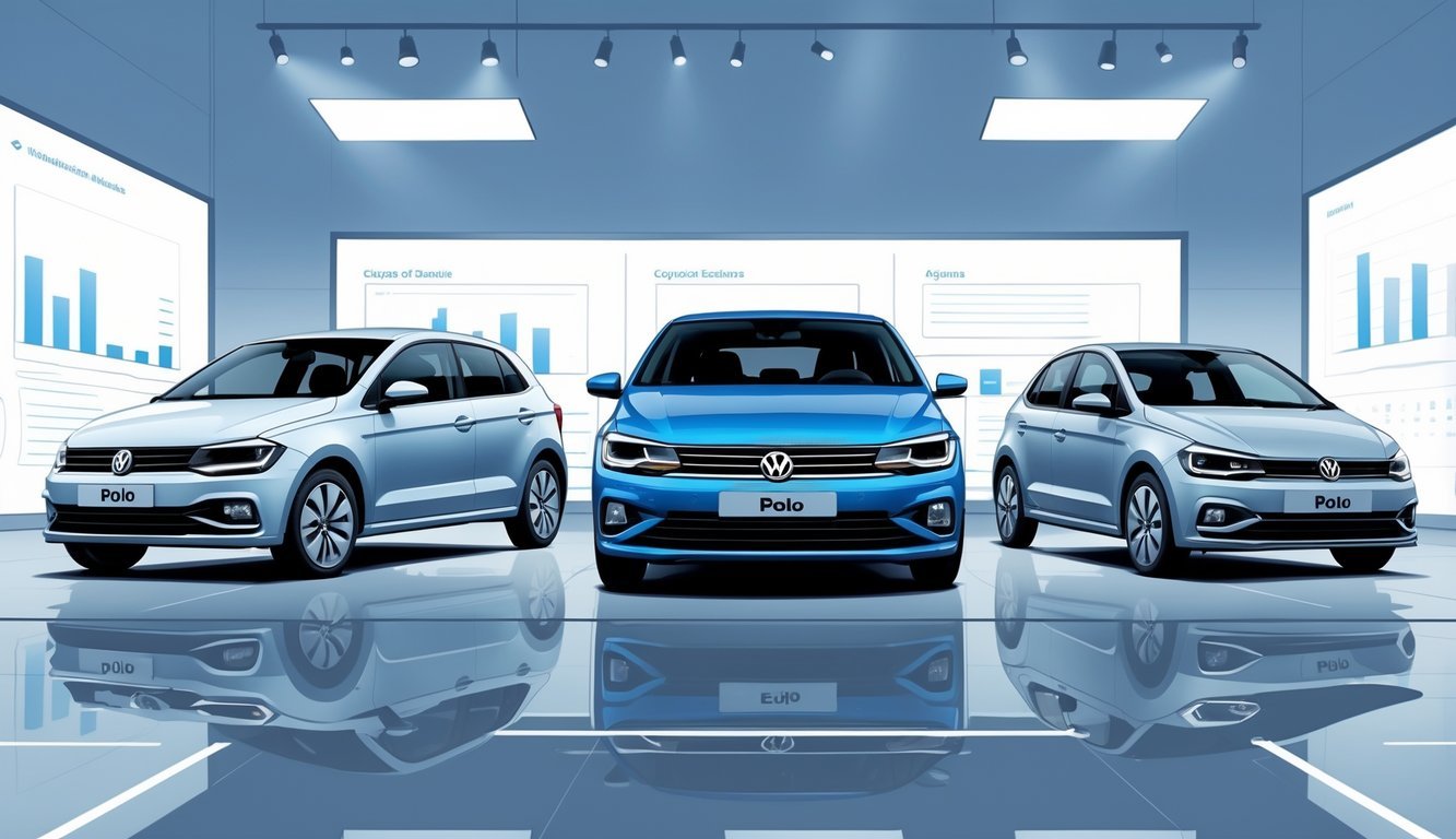 Tri kompaktna automobila parkirana jedan do drugog u suvremenom salonu automobila, s Volkswagen Polom u sredini.