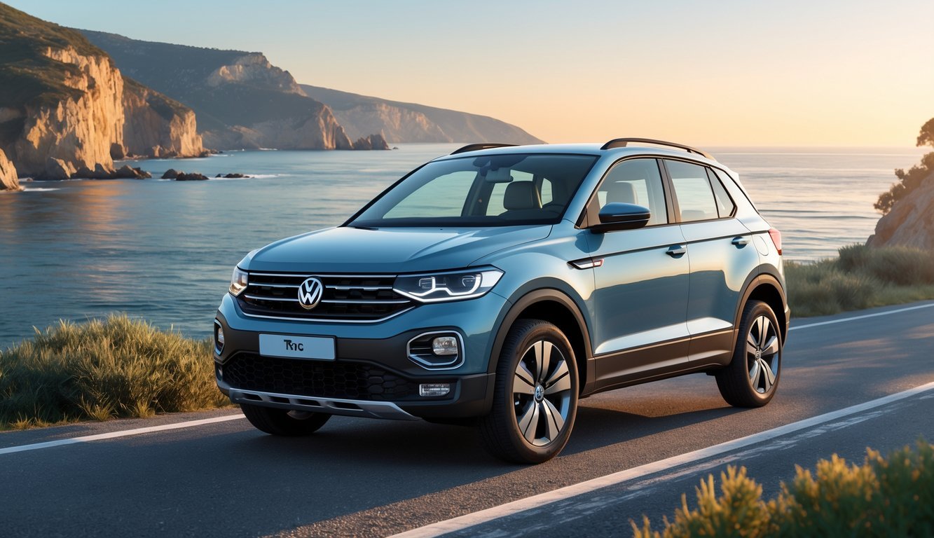 Volkswagen T-Roc parkiran na obalnoj cesti uz more tijekom zalaska sunca.
