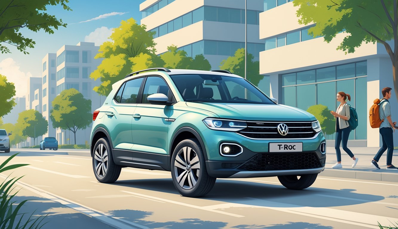 Volkswagen T-Roc parkiran na ulici u gradu s nekoliko ljudi različitih profila oko automobila.