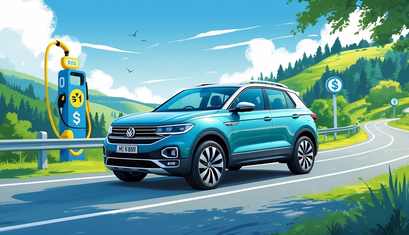 Volkswagen T-Roc na cesti okružen simbolima potrošnje goriva i troškova vožnje.