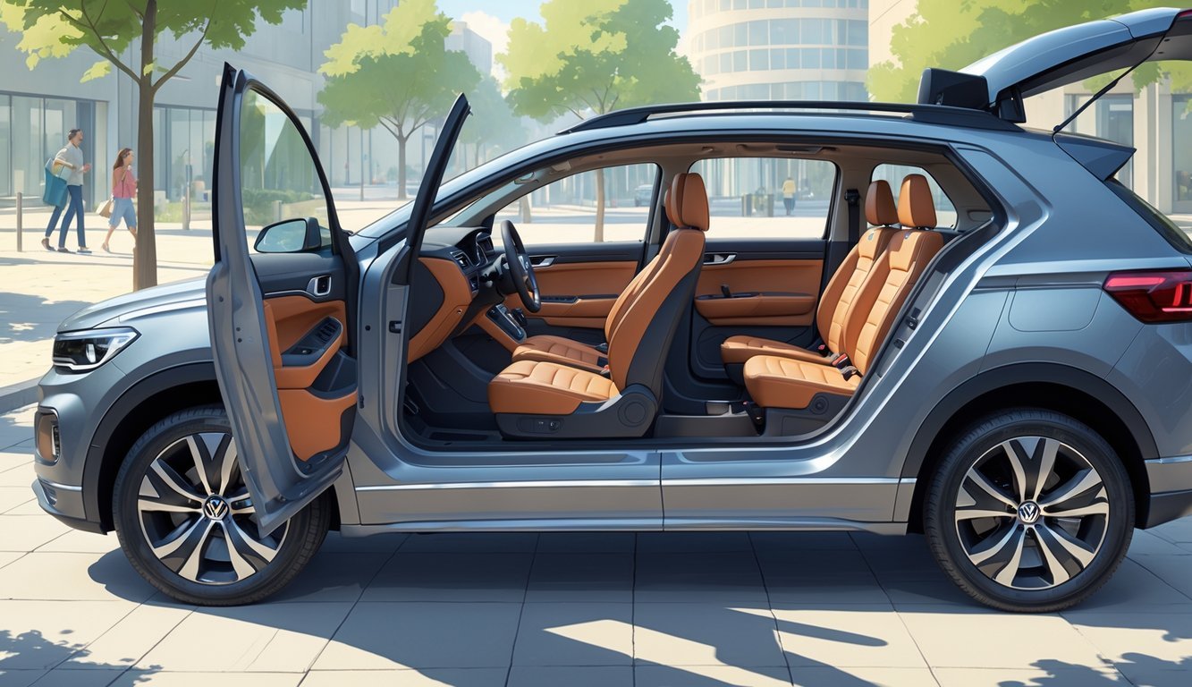 Volkswagen T-Roc s otvorenim vratima koji pokazuje prostran i udoban unutarnji prostor, s obitelji koja utovara namirnice i osobom koja prilagođava sjedalo u urbanom okruženju.