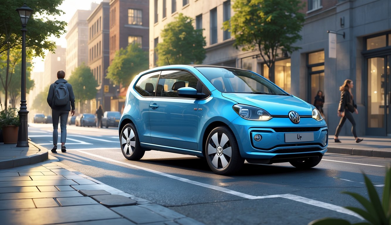 Plavi Volkswagen Up parkiran na gradskoj ulici s ljudima i zgradama u pozadini.