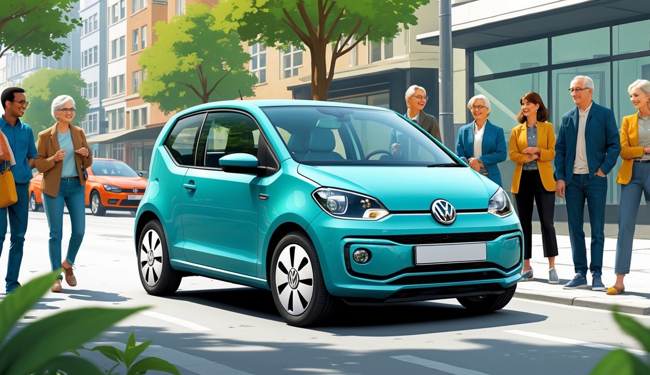 Volkswagen Up automobil parkiran u urbanom okruženju s ljudima različitih dobi i stilova života oko njega.