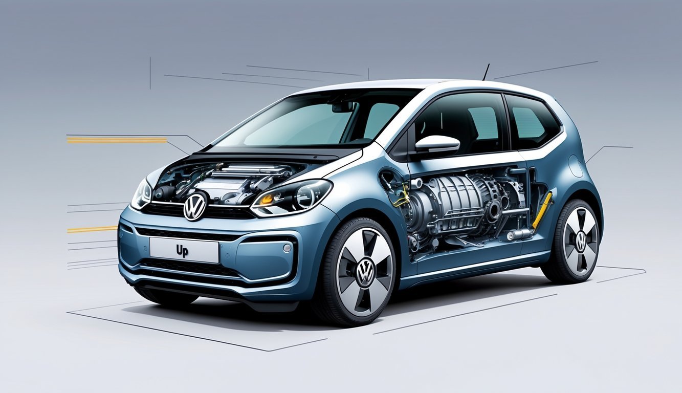 Prikaz Volkswagen Up automobila s otvorenim dijelovima motora i mjenjača te simbolima za performanse.