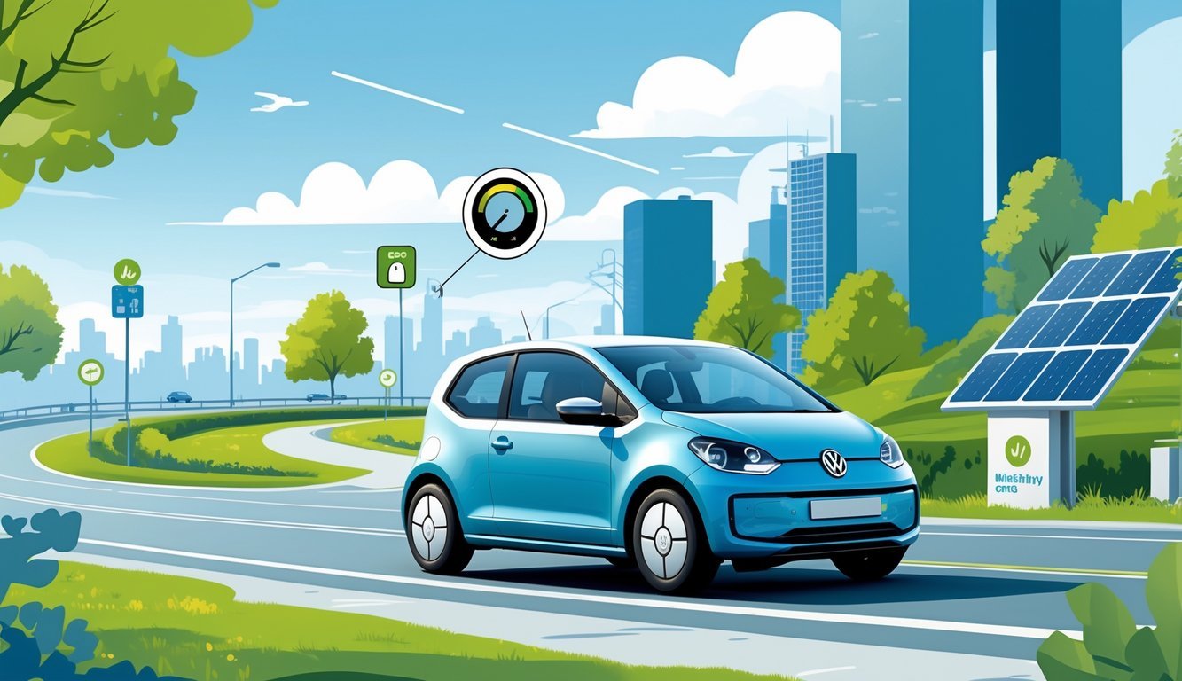 Volkswagen Up na gradskoj cesti s elementima koji prikazuju potrošnju goriva i troškove vožnje.