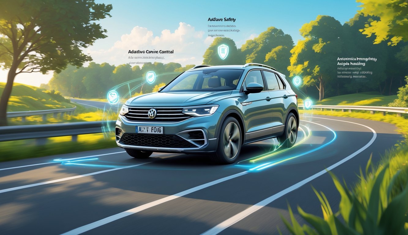 Volkswagen T-Roc na cesti okružen zelenilom s prikazom sigurnosnih i pomoćnih sustava u vožnji.