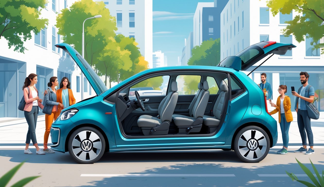 Volkswagen Up parkiran na ulici s otvorenim vratima, prikazujući udoban i prostran interijer s ljudima koji koriste automobil u urbanom okruženju.