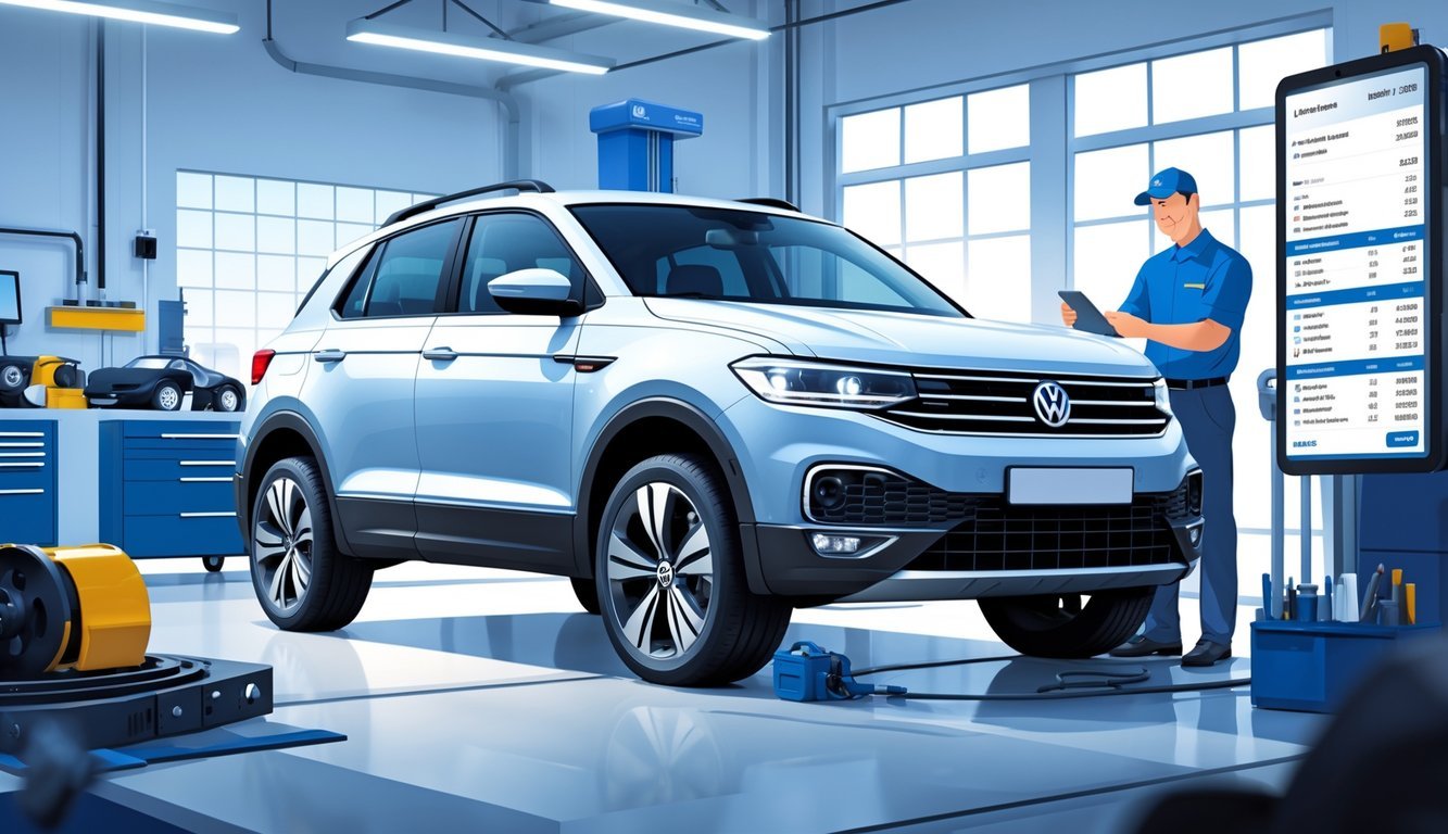 Volkswagen T-Roc u autoservisu s mehaničarom koji pregledava motor i servisnim alatima u pozadini.