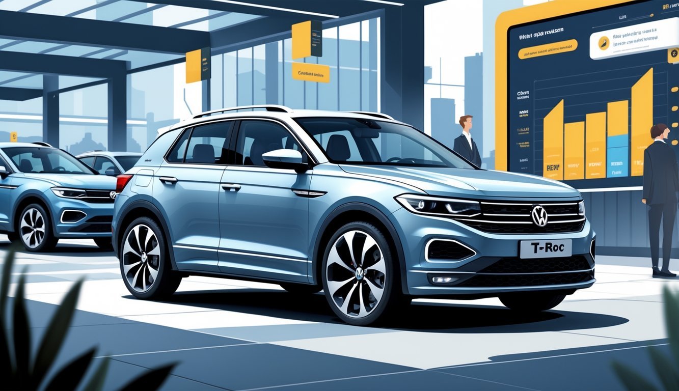 Volkswagen T-Roc automobil izložen u gradskom okruženju s prikazom opreme i tržišta rabljenih vozila.