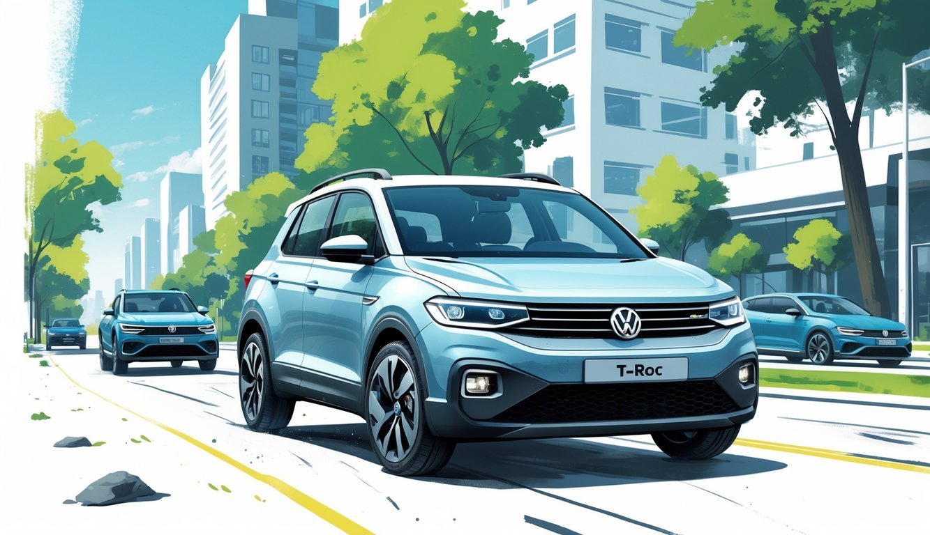 Vozač u Volkswagen T-Roc automobilu vozi kroz urbanu ulicu s prikazom prednosti i mana automobila.