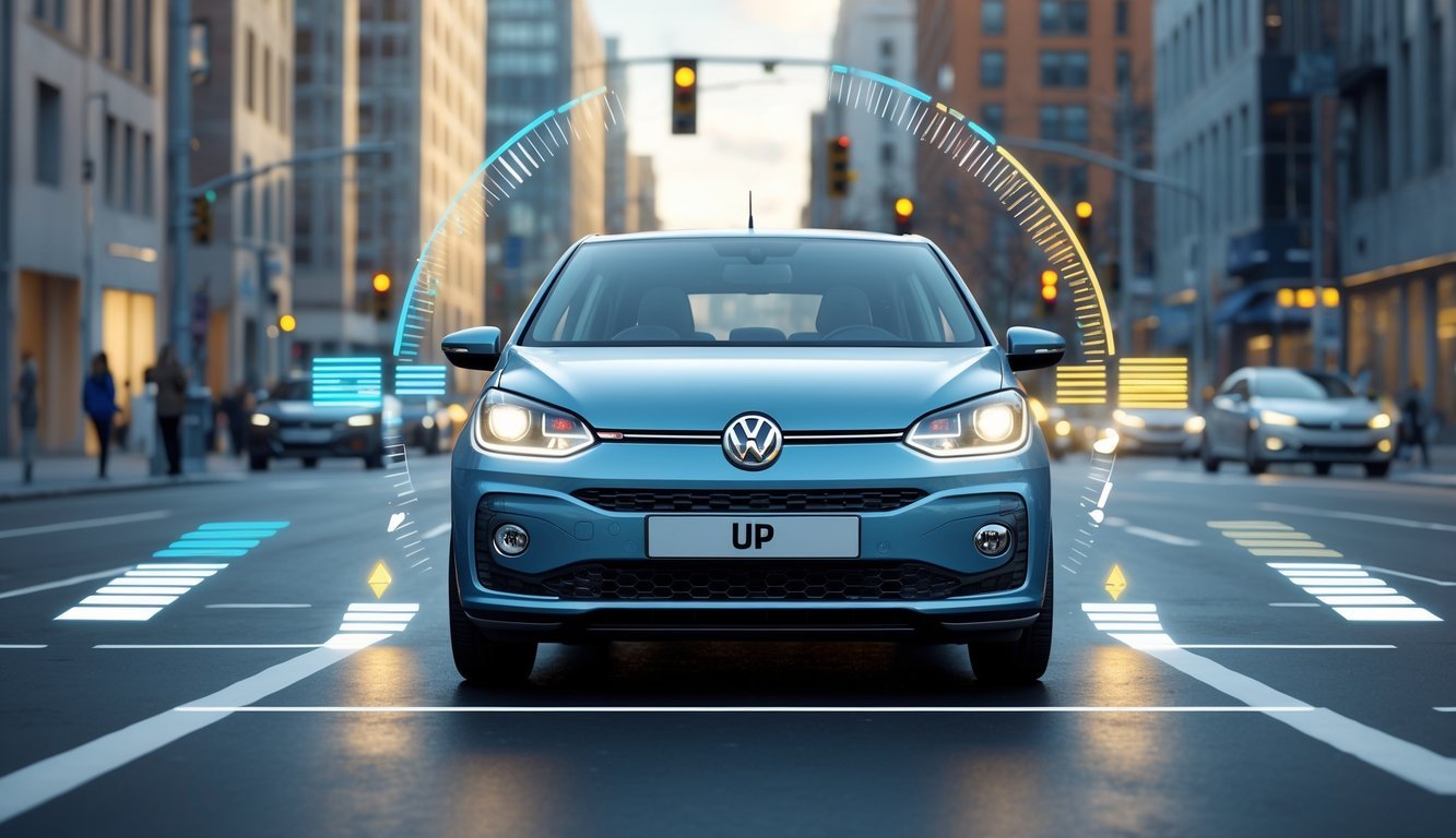 Volkswagen Up na gradskoj ulici s prikazom sigurnosnih i sustava pomoći vozaču.