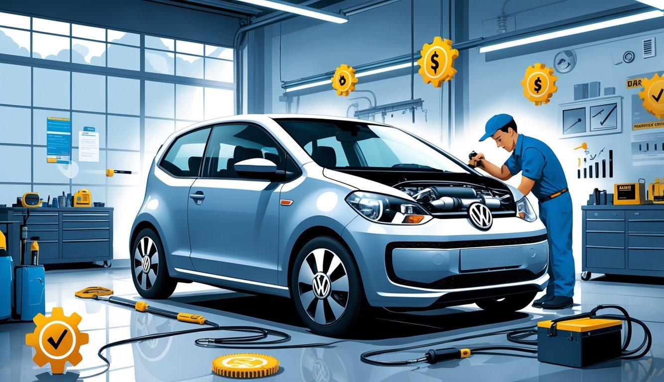 Volkswagen Up u automehaničarskoj radionici dok mehaničar pregledava motor i alate, s prikazom uobičajenih kvarova i elemenata povezanih s pouzdanošću i cijenama servisa.