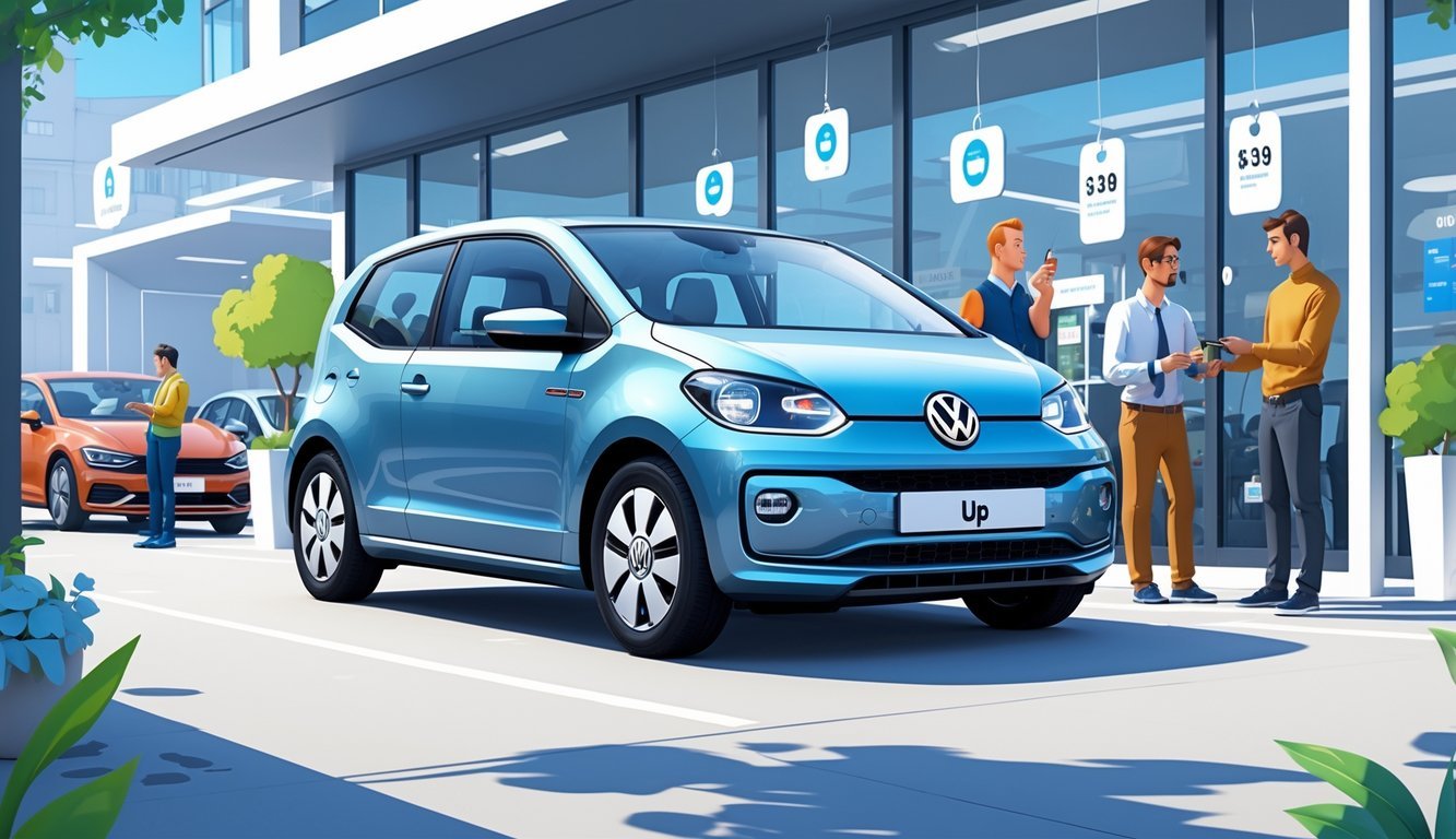 Volkswagen Up parkiran ispred modernog salona automobila s ljudima koji pregledavaju i razgovaraju o automobilu.