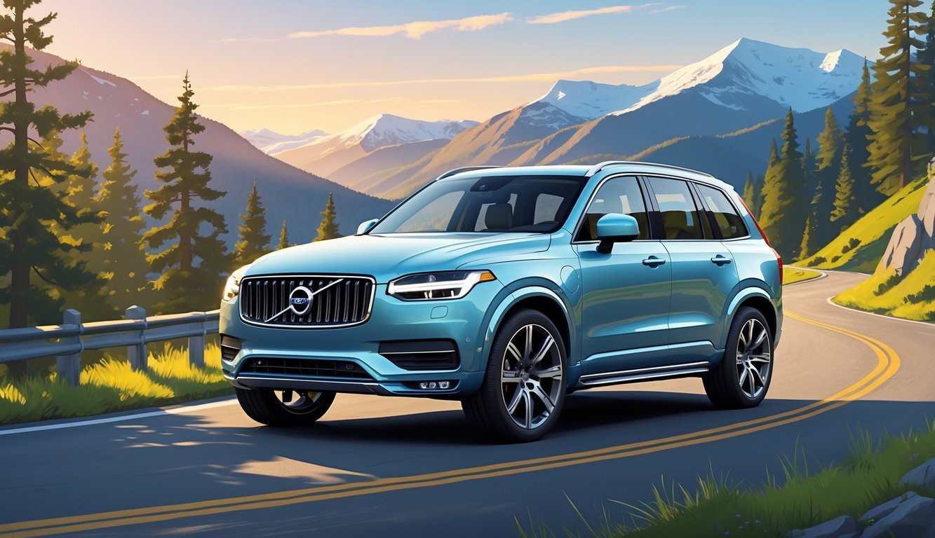 Volvo XC90 parkiran na planinskoj cesti okružen zelenim borovima i snježnim vrhovima u daljini.