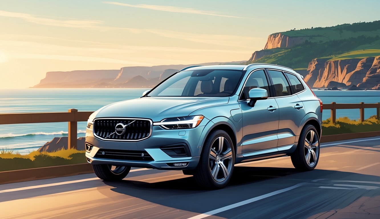 Volvo XC60 parkiran na obalnoj cesti uz more tijekom zalaska sunca.