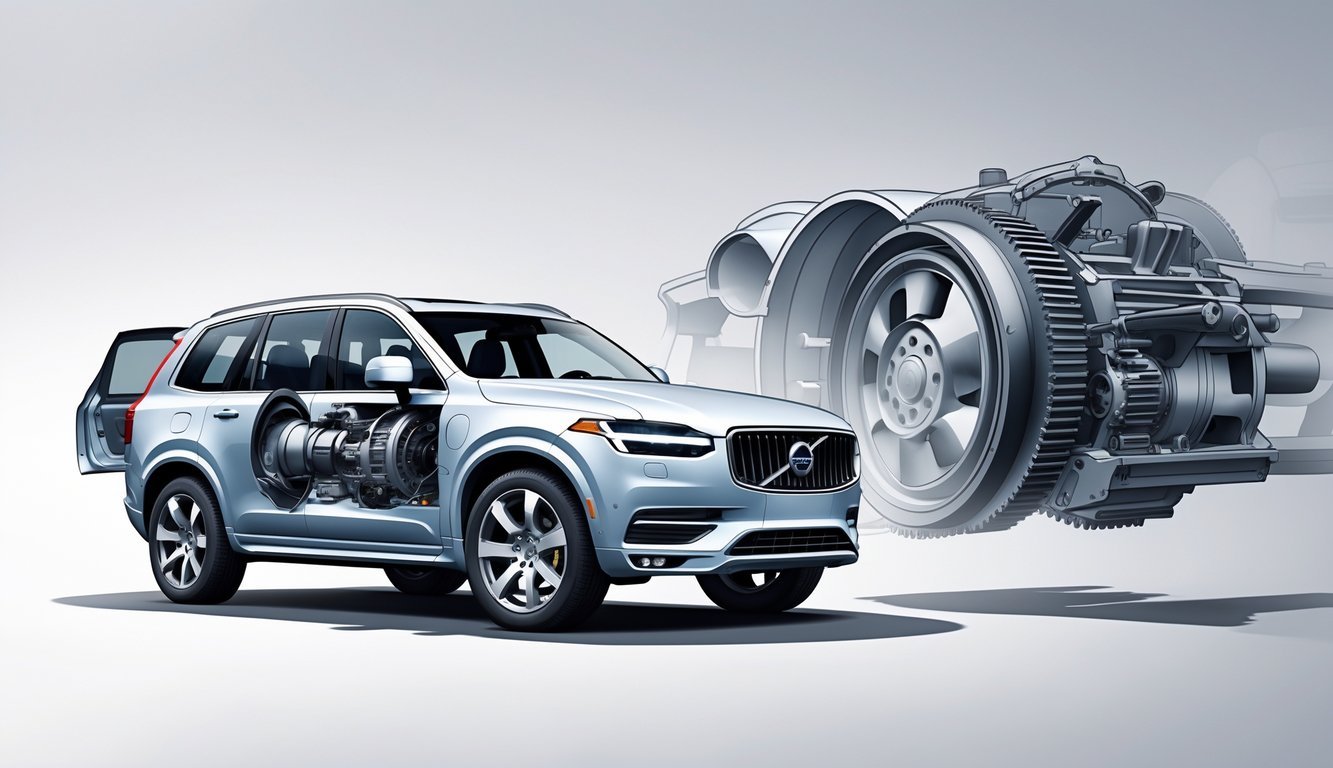 Volvo XC90 s otvorenim poklopcem motora koji prikazuje motor i mjenjač, s prikazom unutarnjih dijelova mjenjača pored vozila.