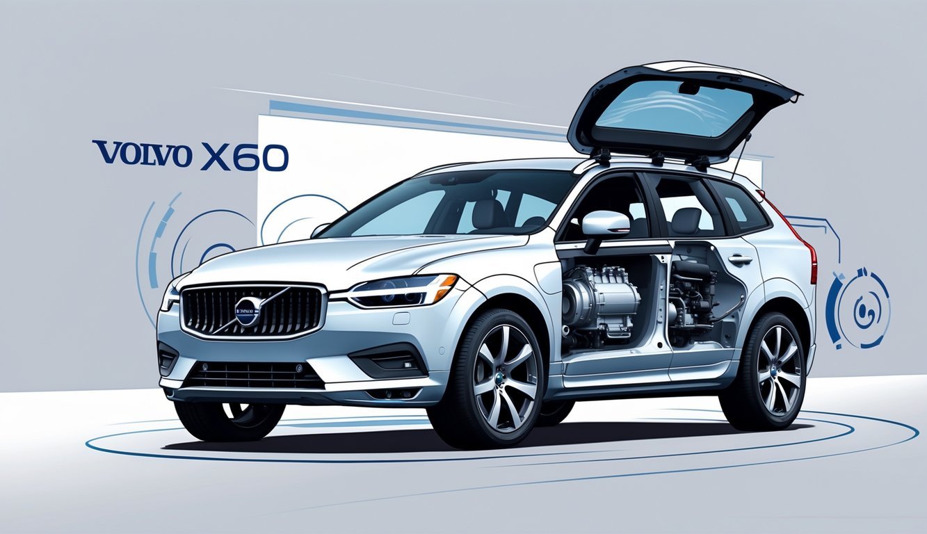 Prikaz Volvo XC60 s otvorenim poklopcem motora koji otkriva motor i mjenjač, s elementima koji simboliziraju performanse i snagu.