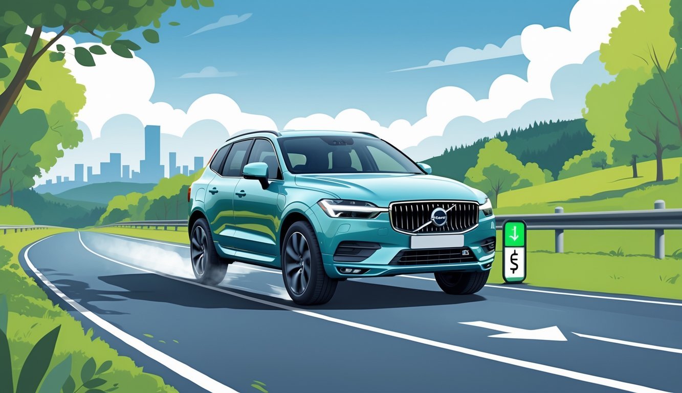 Volvo XC60 na cesti okružen zelenim drvećem i brežuljcima, s ikonama koje simboliziraju potrošnju goriva i troškove vožnje.