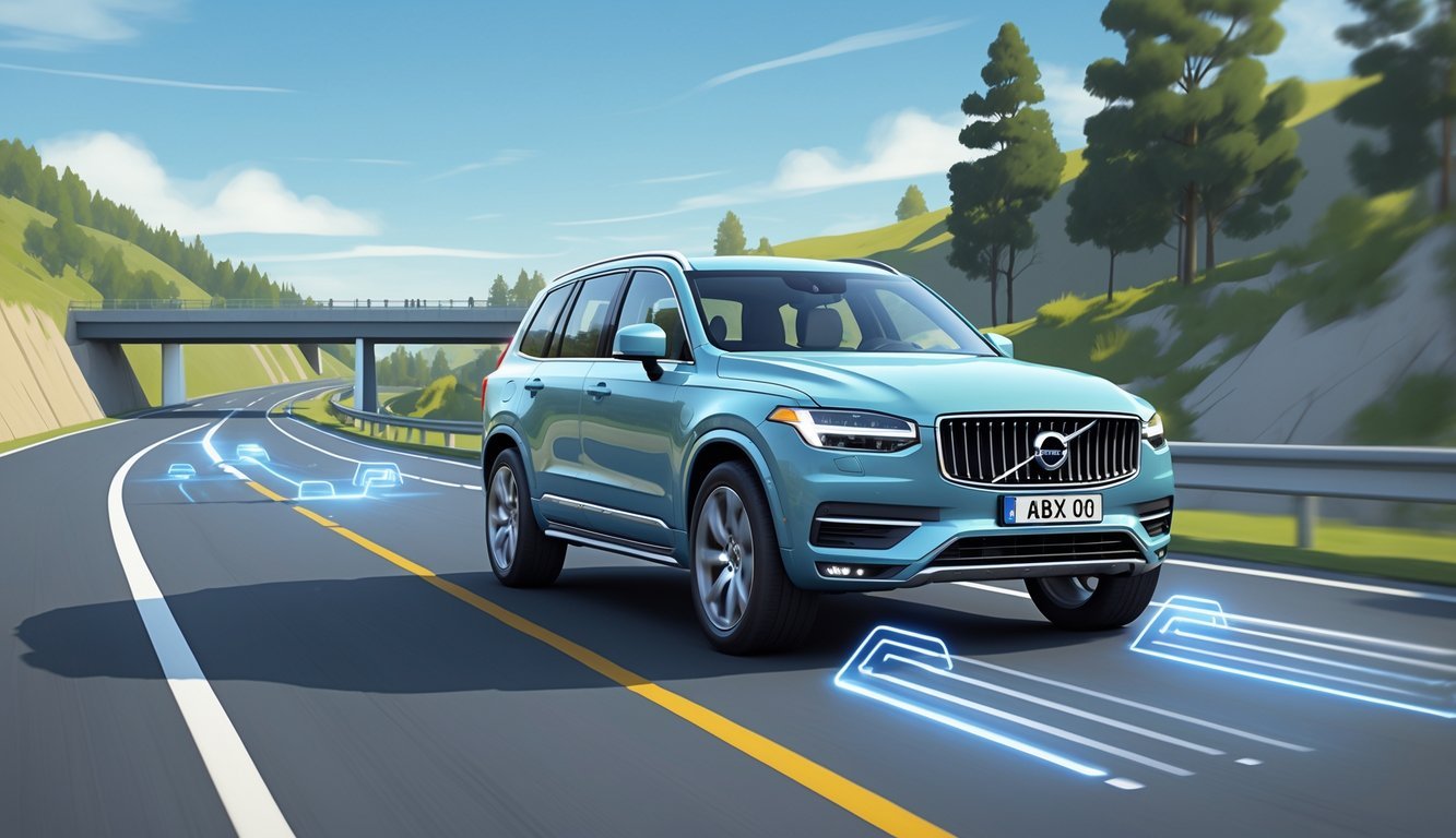 Volvo XC90 na cesti okružen prirodom s prikazom sigurnosnih sustava u akciji.