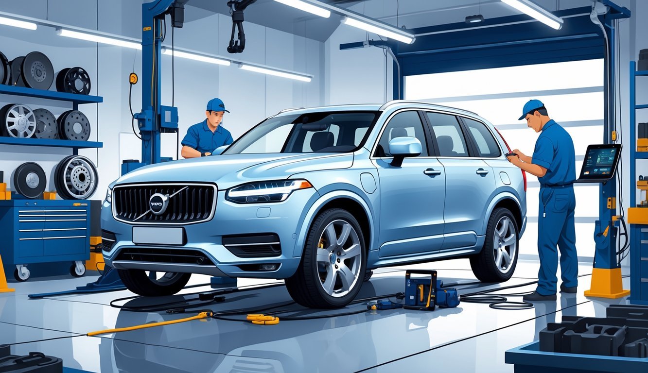 Volvo XC90 u servisu, mehaničari pregledavaju i popravljaju automobil u radionici.