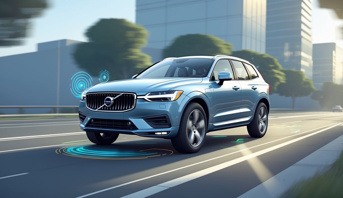 Volvo XC60 na cesti s prikazom sigurnosnih i pomoćnih sustava vozaču.