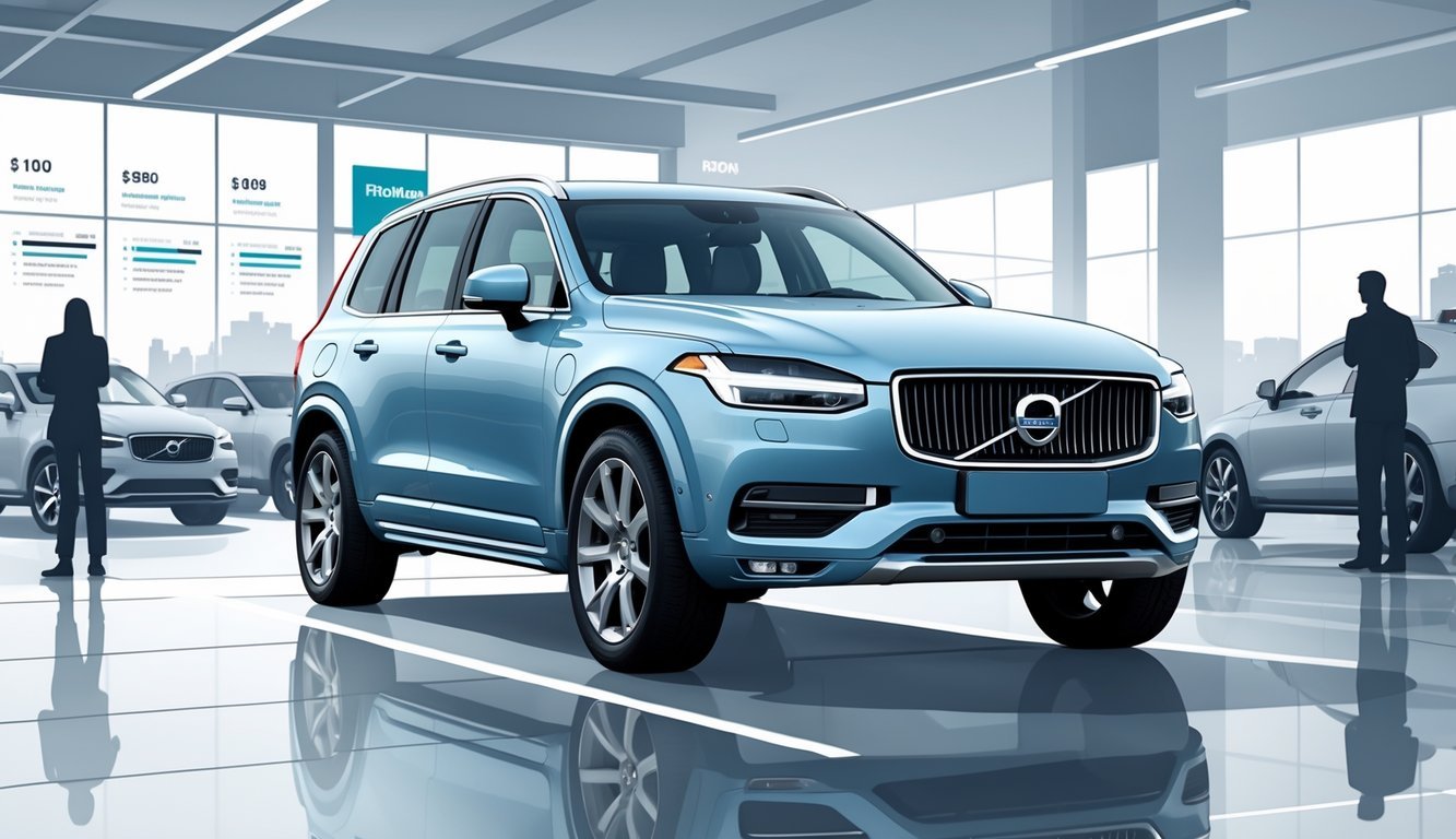 Volvo XC90 u urbanom okruženju ispred izložbenog prostora s elementima koji prikazuju cijene, opremu i tržište rabljenih vozila.