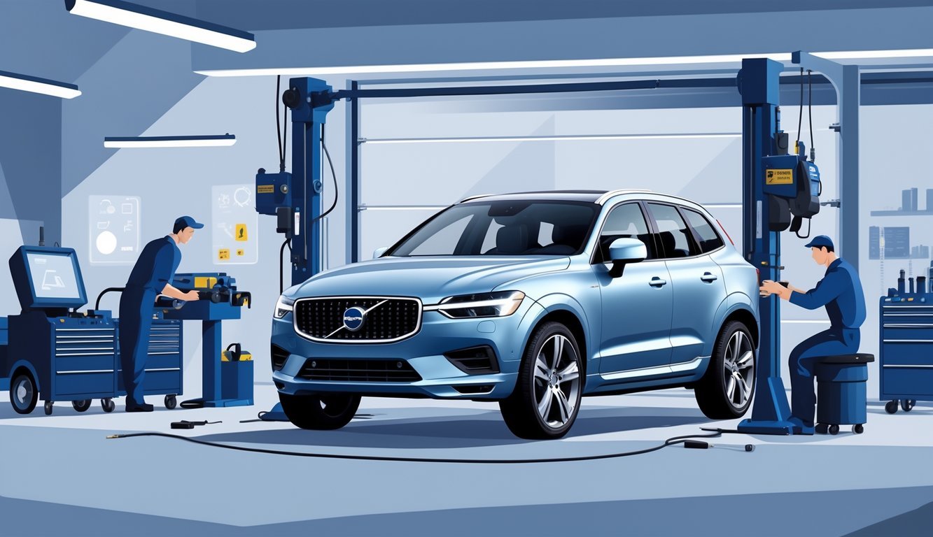 Volvo XC60 u radionici dok mehaničar radi na popravku, s prikazom ikona koje simboliziraju tipične kvarove i pouzdanost vozila.