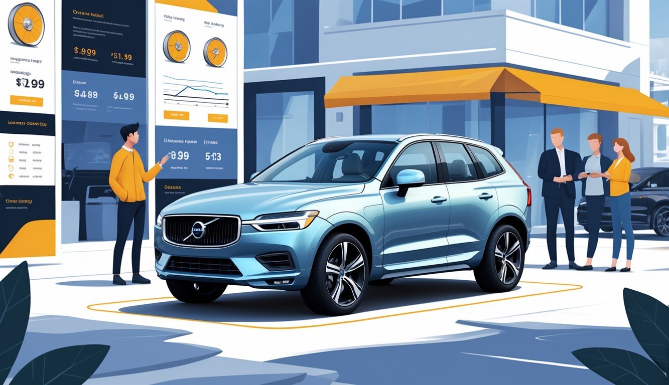 Volvo XC60 parkiran u modernom gradskom okruženju s ljudima koji ga pregledavaju i simbolima opreme i tržišta rabljenih automobila.