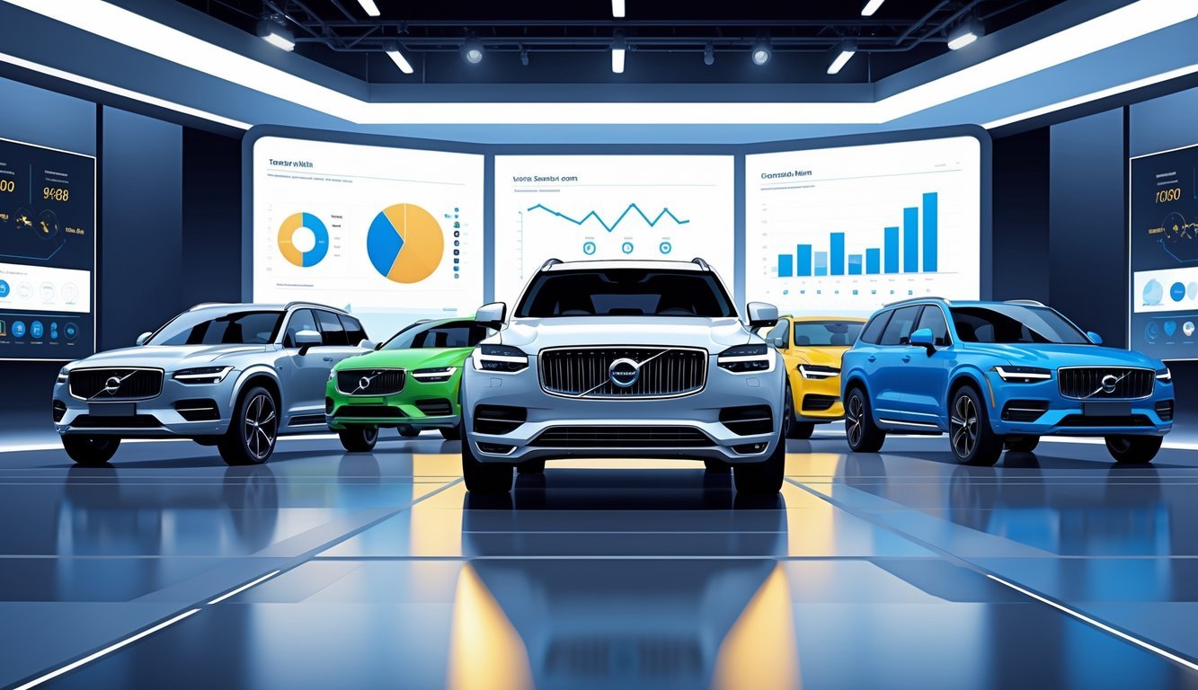 Prikaz nekoliko SUV vozila u izložbenom prostoru, s Volvo XC90 u središtu i drugim modelima oko njega za usporedbu.