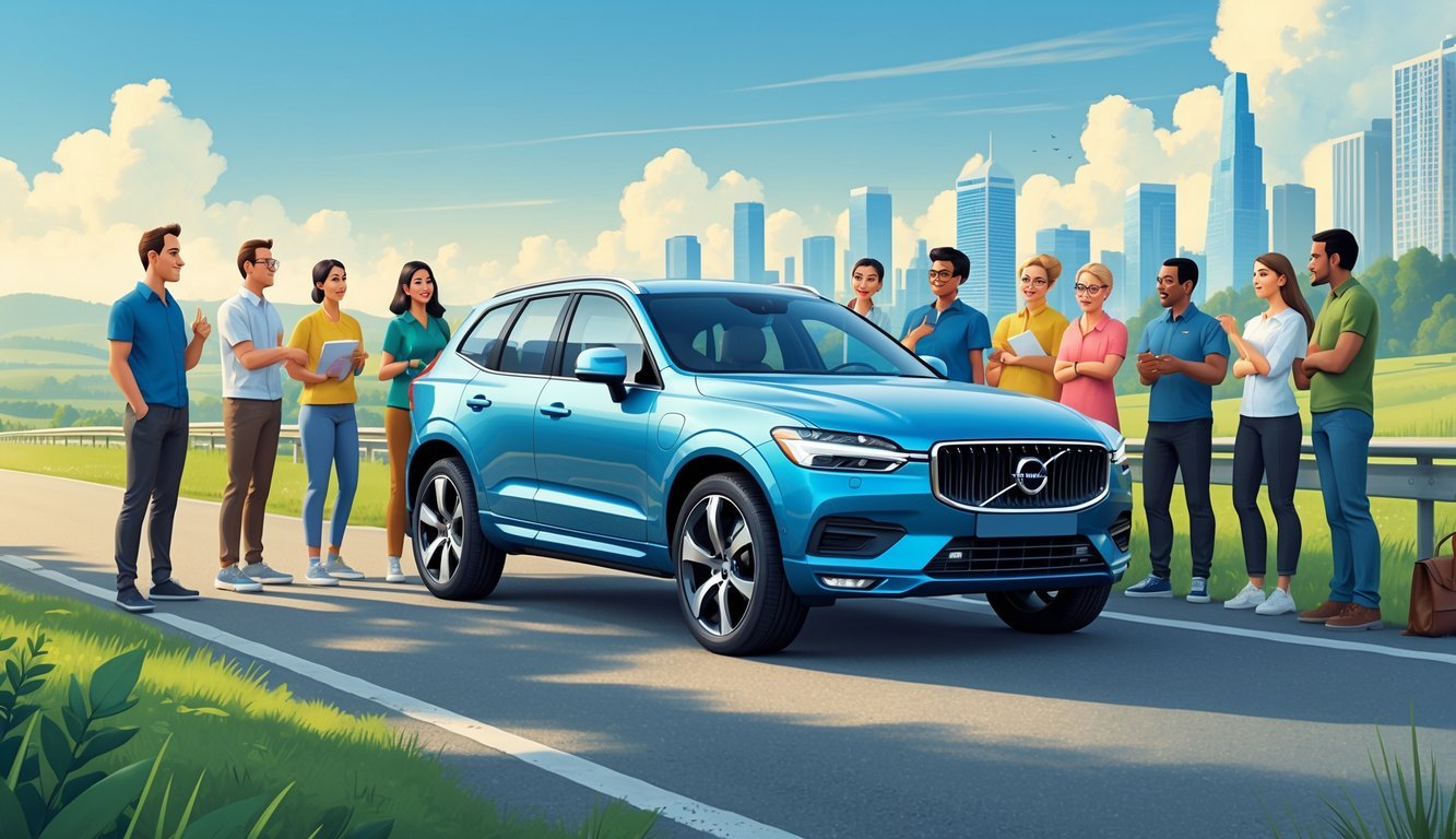 Grupa ljudi okupljena oko plavog Volvo XC60 na cesti, razgovaraju i dijele svoja iskustva o vozilu.
