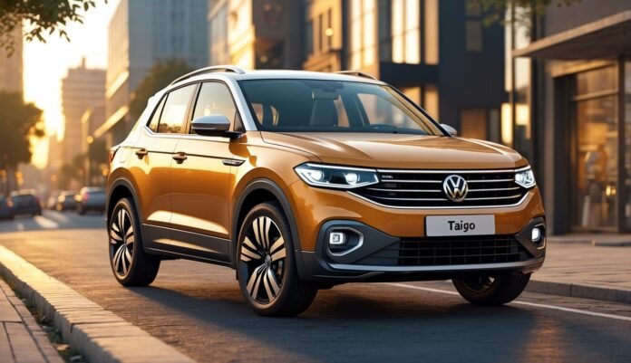 Volkswagen Taigo parkiran na gradskom ulici s modernim zgradama u pozadini tijekom zalaska sunca.