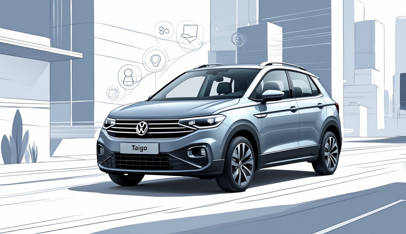 Volkswagen Taigo automobil parkiran u urbanom okruženju s gradskim zgradama u pozadini.