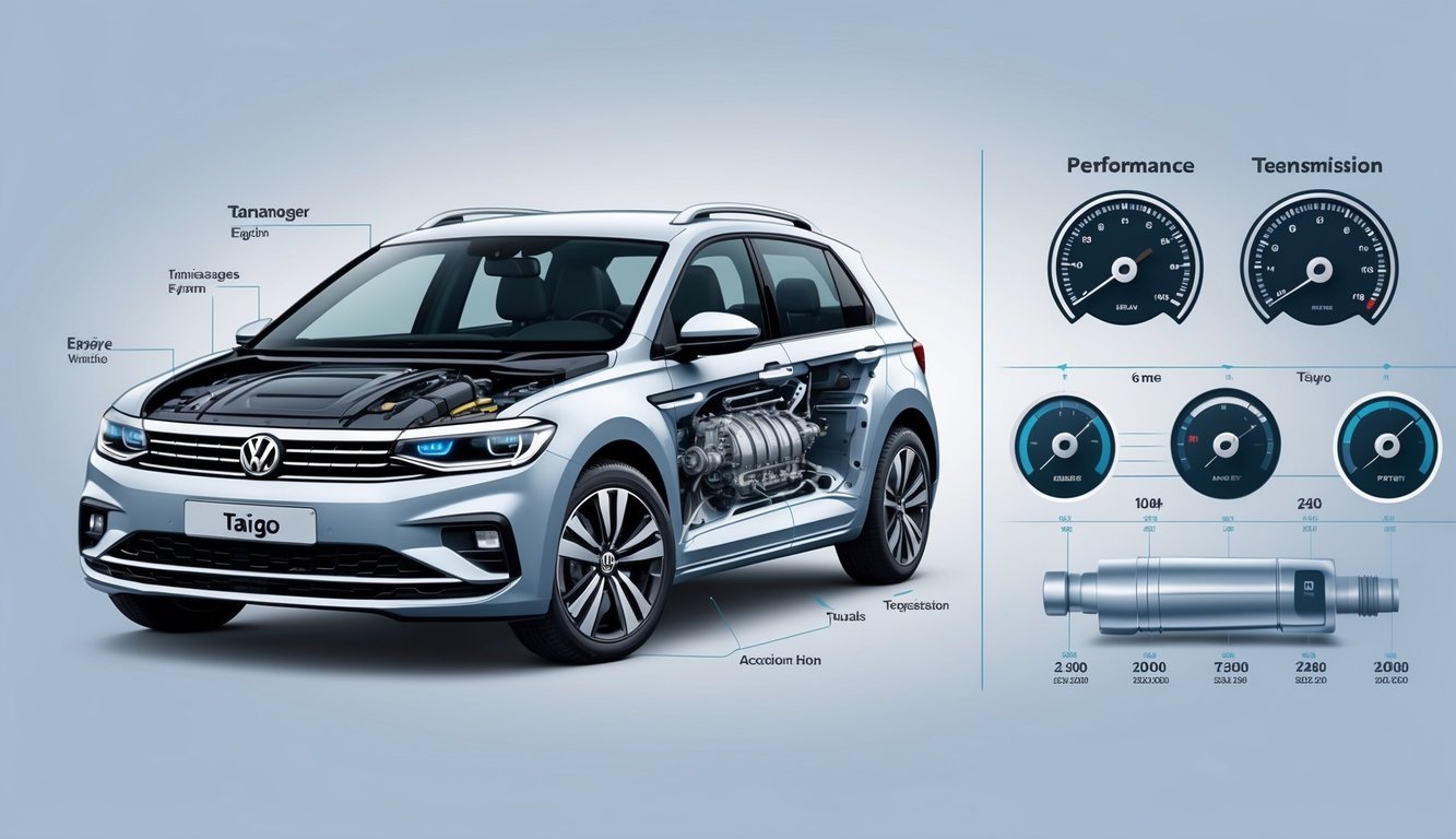 Prikaz automobila Volkswagen Taigo s istaknutim motorom, elementima performansi i prijenosom.