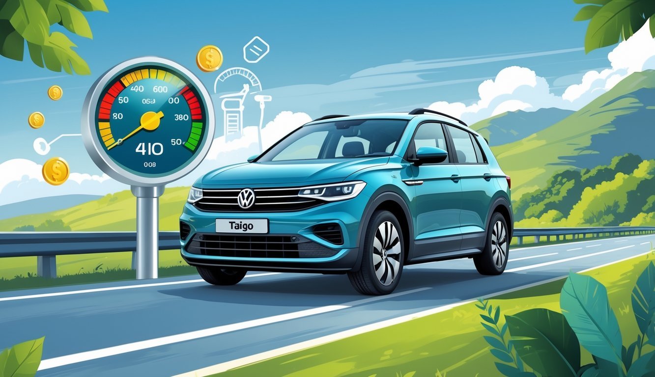 Volkswagen Taigo na cesti s prikazom potrošnje goriva i ikona koje simboliziraju troškove vožnje.